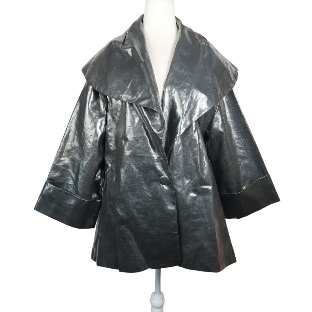 Lorain Croft Grey Metallic Shawl Collar Jacket Coated Shiny M